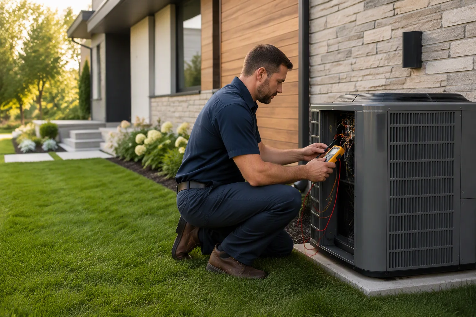 HVAC technician testing an outdoor air conditioning system at a modern home