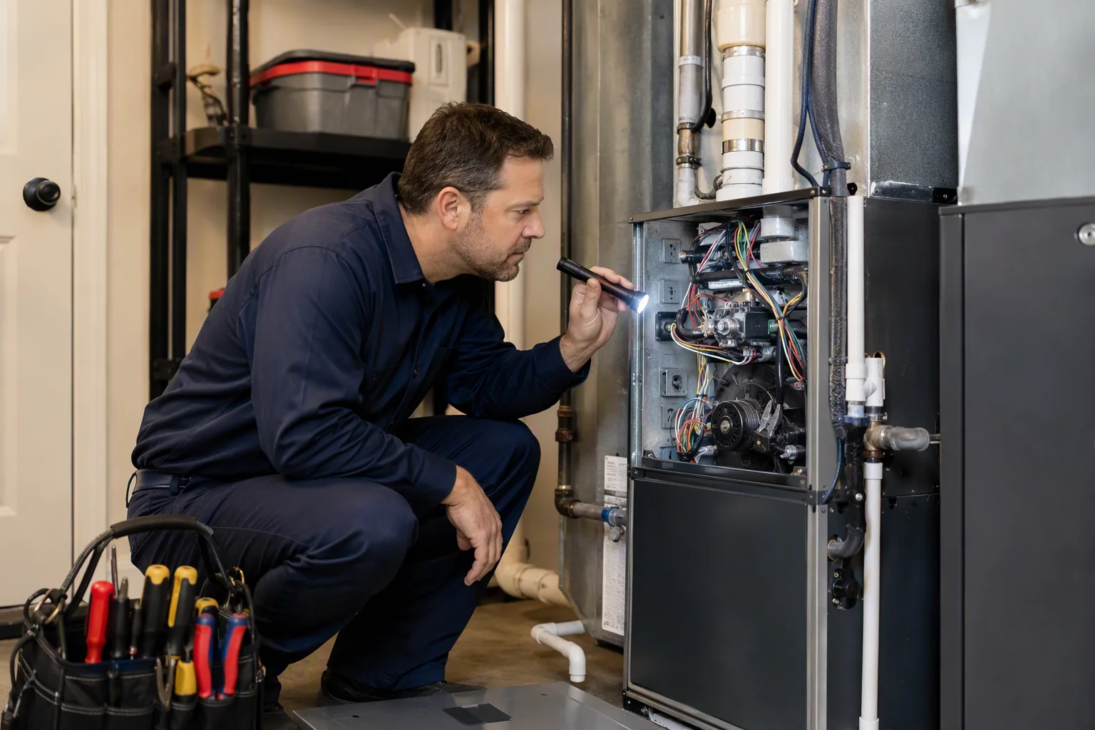 Technician inspecting a residential furnace during maintenance